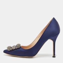 Pre Owned Manolo Blahnik Navy Blue Satin Hangisi Pumps Size 36