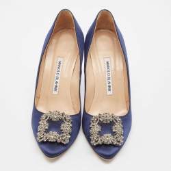 Pre Owned Manolo Blahnik Navy Blue Satin Hangisi Pumps Size 36