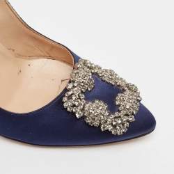 Pre Owned Manolo Blahnik Navy Blue Satin Hangisi Pumps Size 36