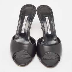 Pre Owned Manolo Blahnik Black Leather Jada Slide Sandals Size 38.5