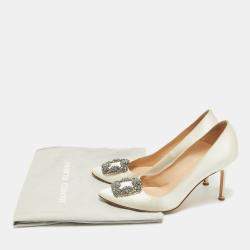 Manolo Blahnik White Satin Hangisi Crystal Embellished Pointed Toe Pumps Size 38.5