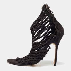 Manolo Blahnik Black Suede Braided Ankle Strap Sandals Size 36.5