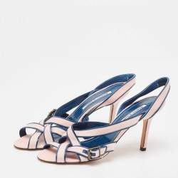 Manolo Blahnik Pink/Blue Canvas and Leather Ankle Strap Sandals Size 39