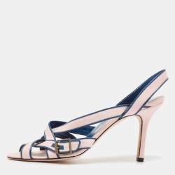 Manolo Blahnik Pink/Blue Canvas and Leather Ankle Strap Sandals Size 39