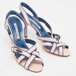 Manolo Blahnik Pink/Blue Canvas and Leather Ankle Strap Sandals Size 39