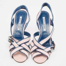 Manolo Blahnik Pink/Blue Canvas and Leather Ankle Strap Sandals Size 39