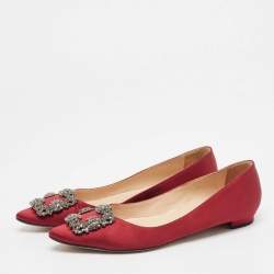 Pre Owned Manolo Blahnik Burgundy Satin Hangisi Ballet Flats 37.5