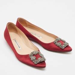 Pre Owned Manolo Blahnik Burgundy Satin Hangisi Ballet Flats 37.5