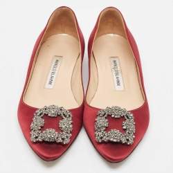 Pre Owned Manolo Blahnik Burgundy Satin Hangisi Ballet Flats 37.5