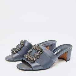 Manolo Blahnik Slate Grey Satin Embellished Martanew Slide Sandals Size 37