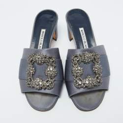 Manolo Blahnik Slate Grey Satin Embellished Martanew Slide Sandals Size 37