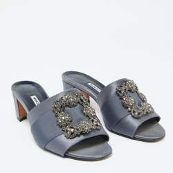Manolo Blahnik Slate Grey Satin Embellished Martanew Slide Sandals Size 37