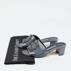 Manolo Blahnik Slate Grey Satin Embellished Martanew Slide Sandals Size 37