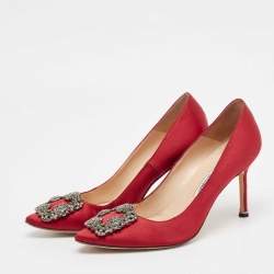 Pre Owned Manolo Blahnik Red Satin Hangisi Pumps Size 37