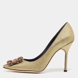 Pre Owned Manolo Blahnik Gold Lurex Fabric Hangisi Pumps Size 37