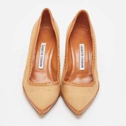 Manolo Blahnik Brown Canvas and Leather Pointed Toe Pumps Size 36.5