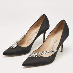 Pre Owned Manolo Blahnik Black Satin Nadira Pumps Size 37.5