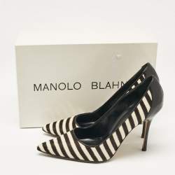 Pre Owned Manolo Blahnik Black Calfhair and Leather Stiped Pumps Size 38