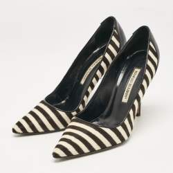 Pre Owned Manolo Blahnik Black Calfhair and Leather Stiped Pumps Size 38