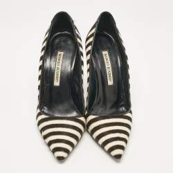 Pre Owned Manolo Blahnik Black Calfhair and Leather Stiped Pumps Size 38