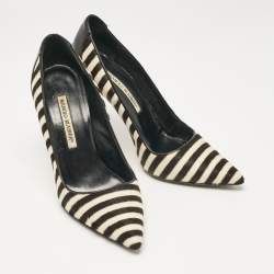 Pre Owned Manolo Blahnik Black Calfhair and Leather Stiped Pumps Size 38