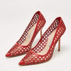 Pre Owned Manolo Blahnik Red Leather Laserato BB Pumps Size 37.5