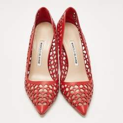 Pre Owned Manolo Blahnik Red Leather Laserato BB Pumps Size 37.5