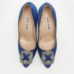 Manolo Blahnik Blue Satin Hangisi Embellished Pumps Size 36.5