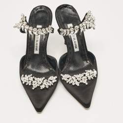 Manolo Blahnik Black Satin Crystal Embellished Lurum Mules Size 37