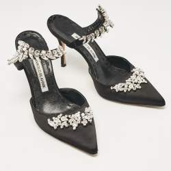 Manolo Blahnik Black Satin Crystal Embellished Lurum Mules Size 37