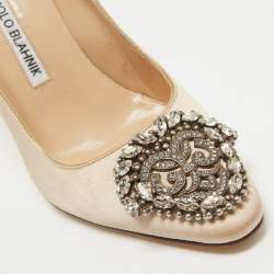 Pre Owned Manolo Blahnik Beige Satin Okkaava Pumps Size 35.5