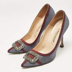 Pre Owned Manolo Blahnik Grey/Burgundy Satin Gotrian Pumps Size 39