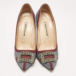 Pre Owned Manolo Blahnik Grey/Burgundy Satin Gotrian Pumps Size 39