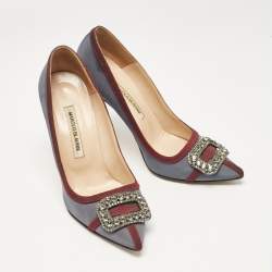 Pre Owned Manolo Blahnik Grey/Burgundy Satin Gotrian Pumps Size 39