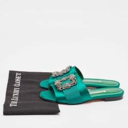 Pre Owned Manolo Blahnik Green Canvas and Satin Martamod Flat Slides Size 38
