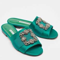 Pre Owned Manolo Blahnik Green Canvas and Satin Martamod Flat Slides Size 38