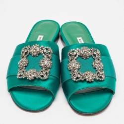 Pre Owned Manolo Blahnik Green Canvas and Satin Martamod Flat Slides Size 38