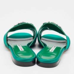 Pre Owned Manolo Blahnik Green Canvas and Satin Martamod Flat Slides Size 38