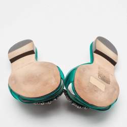 Pre Owned Manolo Blahnik Green Canvas and Satin Martamod Flat Slides Size 38