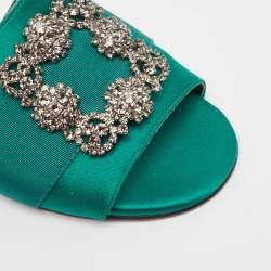 Pre Owned Manolo Blahnik Green Canvas and Satin Martamod Flat Slides Size 38