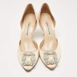 Pre Owned Manolo Blahnik Beige Satin Hangisi D'orsay Pumps Size 38