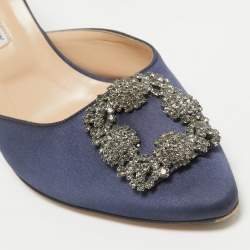 Manolo Blahnik Navy Blue Satin Hangisi Mules Size 40