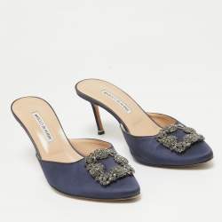 Manolo Blahnik Navy Blue Satin Hangisi Mules Size 40