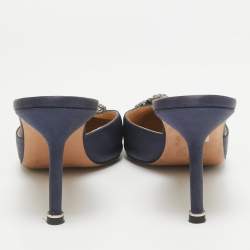 Manolo Blahnik Navy Blue Satin Hangisi Mules Size 40