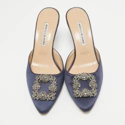 Manolo Blahnik Navy Blue Satin Hangisi Mules Size 40