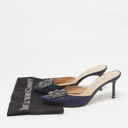 Manolo Blahnik Navy Blue Satin Hangisi Mules Size 40