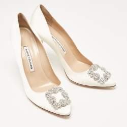 Pre Owned Manolo Blahnik Ivory Satin Hangisi Pumps Size 40.5