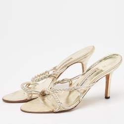 Pre Owned Manolo Blahnik Silver/Gold Leather Braided Slide Sandals Size 38