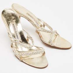 Pre Owned Manolo Blahnik Silver/Gold Leather Braided Slide Sandals Size 38