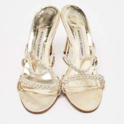 Pre Owned Manolo Blahnik Silver/Gold Leather Braided Slide Sandals Size 38
